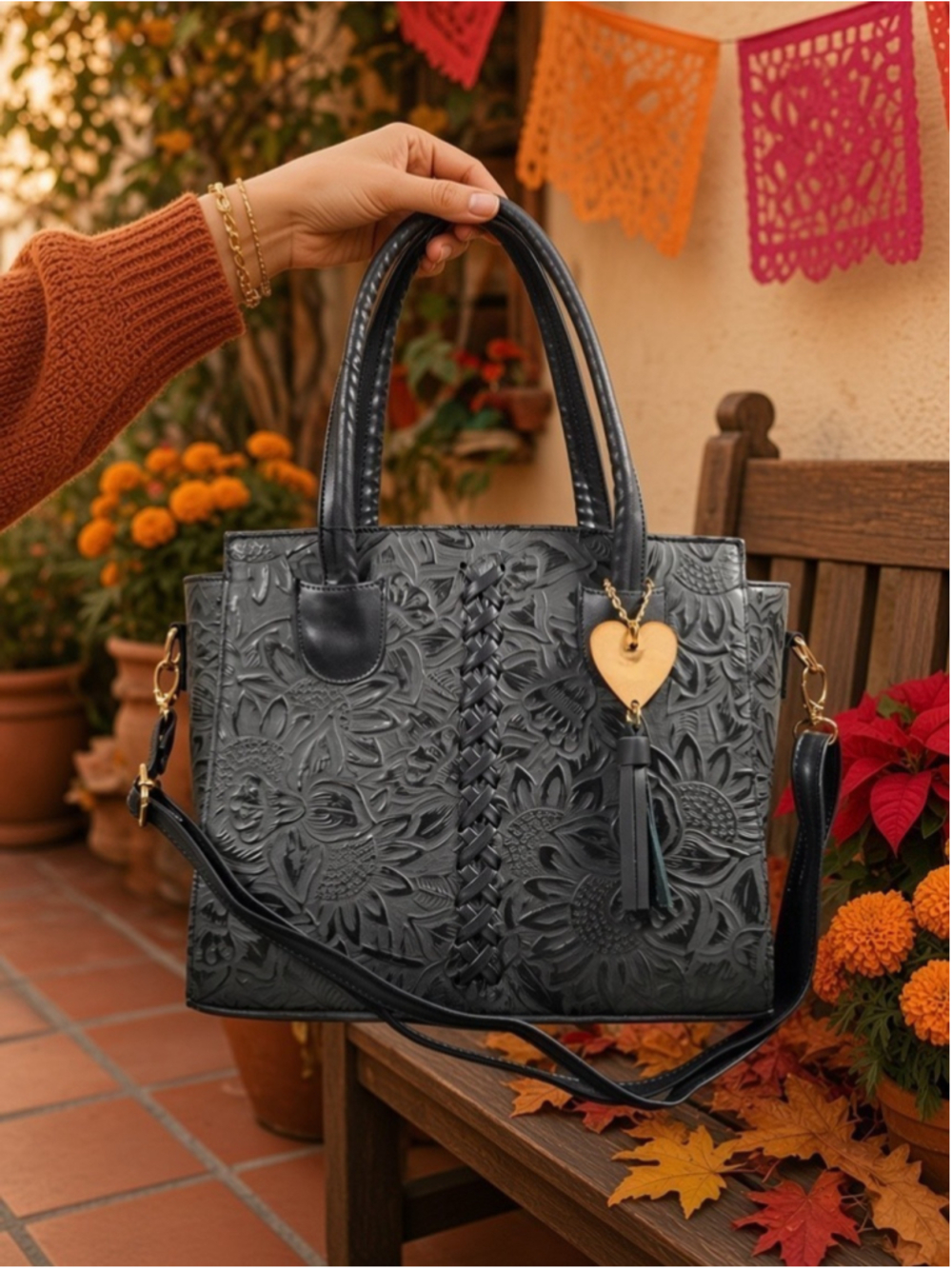 Midnight Dahlia Black Cross Stitch Embossed Artisan LEATHER Purse Handbag Bag